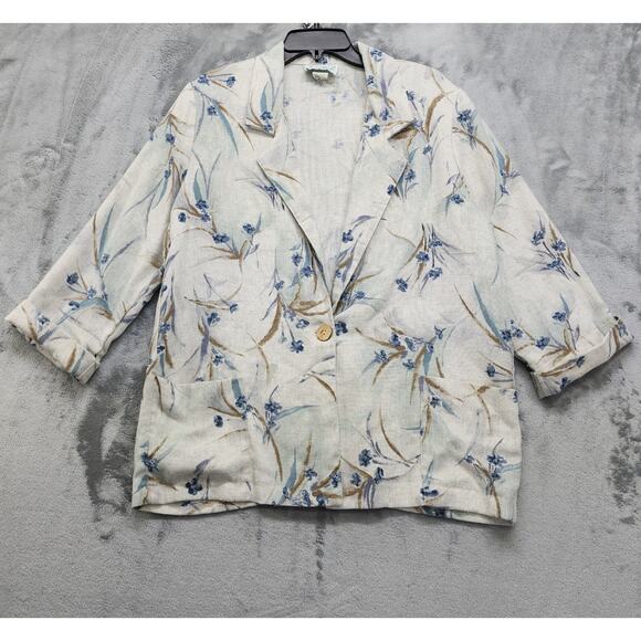 Vintage Joanna Sport Blazer Womens M Cream Blue Floral Flax Blend 3/4 Sleeve - Picture 1 of 7